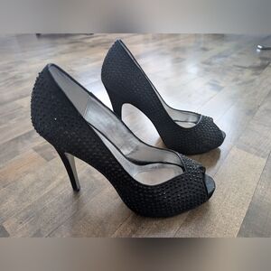 Martinez Valero | Black Satin Rhinestone Peep-Toe Heels | 8